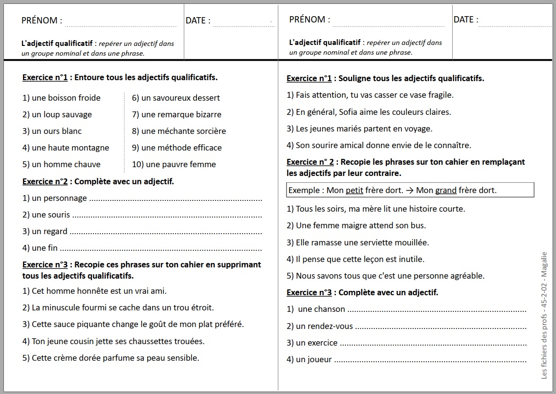 Exercice Adjectif Qualificatif Ce1 à Imprimer Adjectifs qualificatifs CE1 : exercices PDF corrigs (fiche 2)