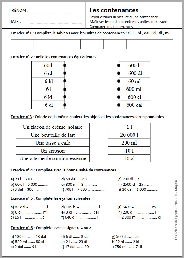 Exercice Mesure De Contenance Cm2 Pdf Exercices contenances CM2 imprimer (fiche 1)