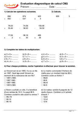 Evaluation diagnostique de calcul CM2