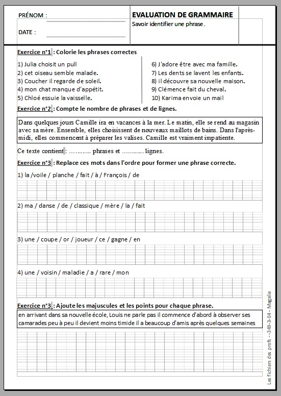 Evaluation CE2 : la phrase (corrig? ? imprimer)