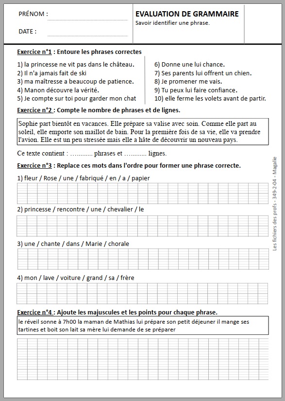 Evaluation sur la phrase, CE1 (correction fournie)