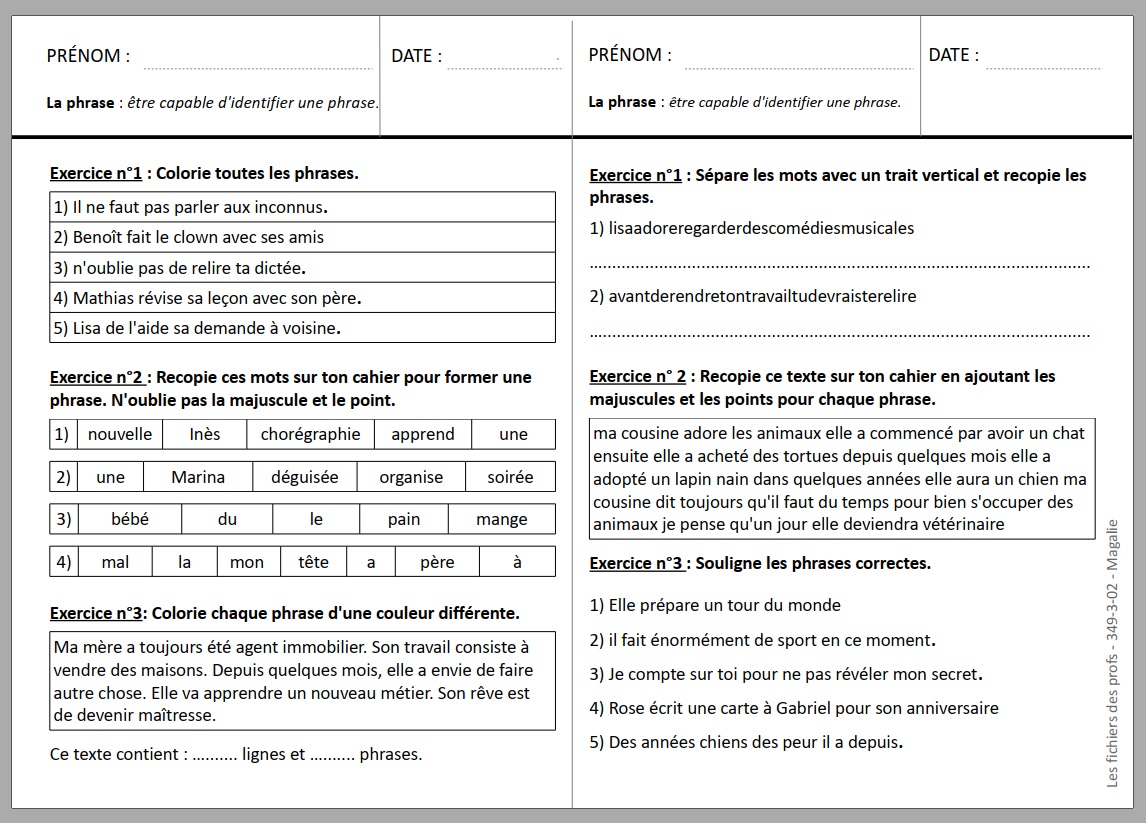 La phrase CE2 : exercices ? imprimer (fiche 2)