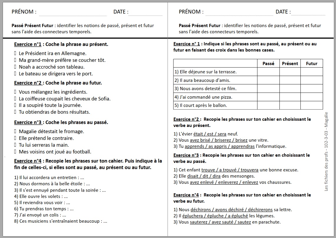 évaluation Passé Présent Futur Ce2 CE2 EXERCICES : Pass, prsent, futur PDF (fiche 3)