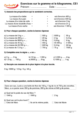 Exercices sur le gramme et le kilogramme, CE1
