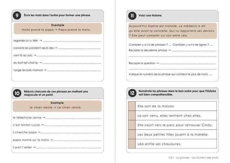 La phrase – CE1-Exercices – Les fichiers des profs