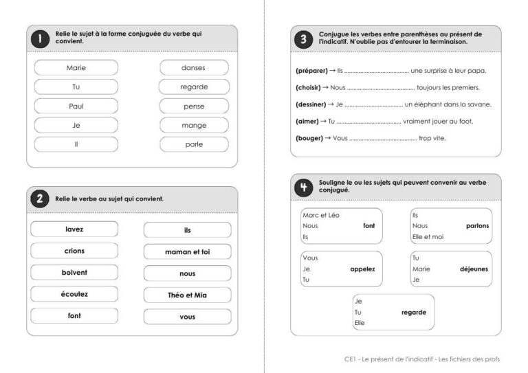 Le présent de l’indicatif – Exercices – Ce1 – Les fichiers des profs