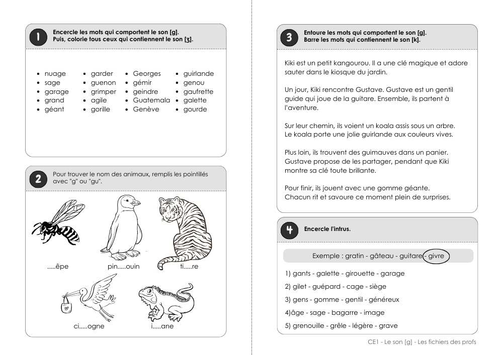 Le son « g »- Exercices de lecture – CE1 – Les fichiers des profs